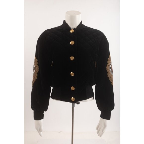 Escada Margaretha Ley Vintage Embellished Bomber Jacket Black SZ 38 US M Clocks - Picture 1 of 8